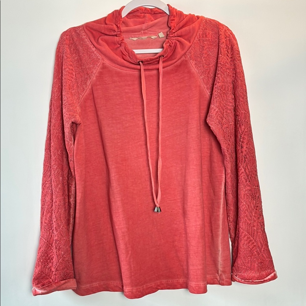 Soft Surroundings Coral Lace Pullover Sweater Cowl Neck Draw Strings